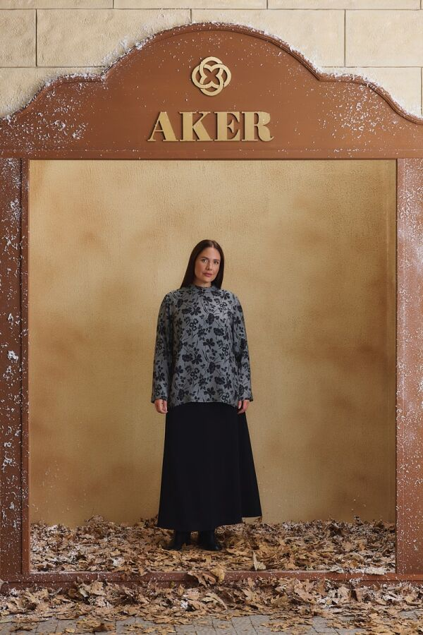 Gri Hakim Yaka Desenli Bluz - Aker
