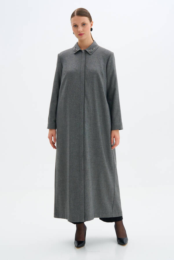 Gri Yakası İşlemeli Klasik Pardösü - 1