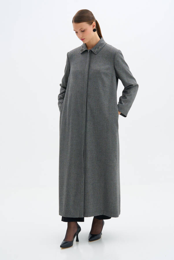 Gri Yakası İşlemeli Klasik Pardösü - 2