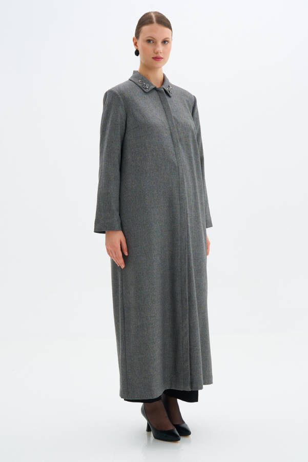 Gri Yakası İşlemeli Klasik Pardösü - 4