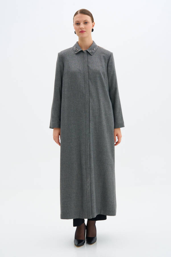 Gri Yakası İşlemeli Klasik Pardösü - 5