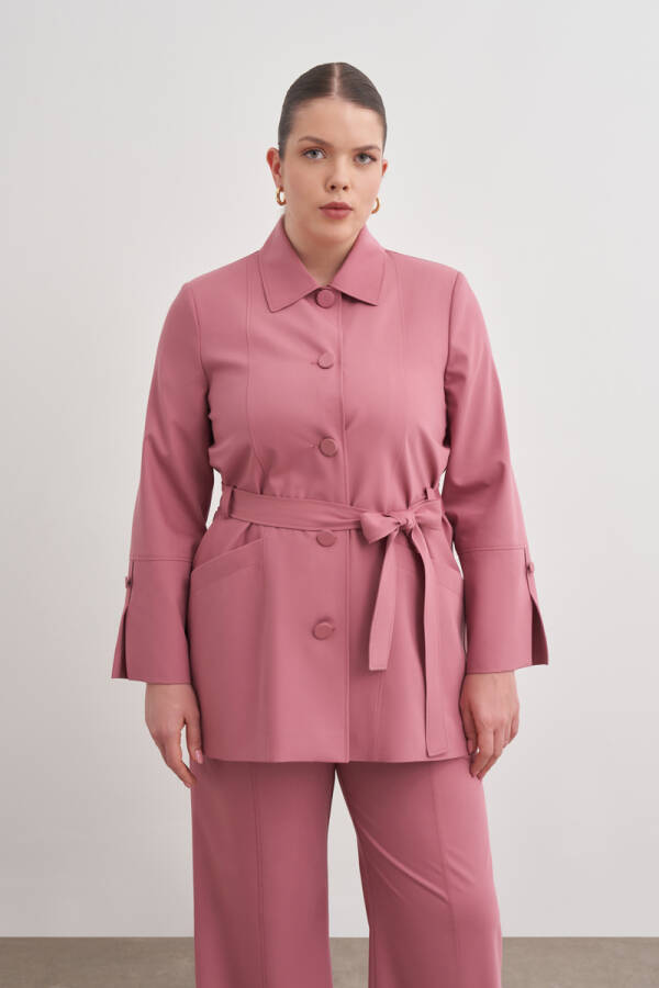 Gül Kurusu Kemerli Önden Düğmeli Dokuma Kap - 5