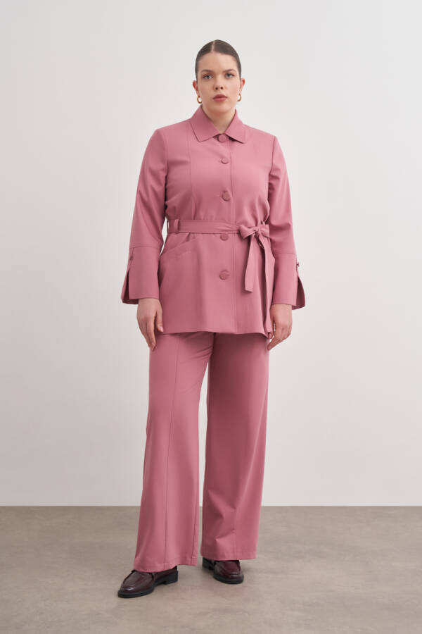 Gül Kurusu Kemerli Önden Düğmeli Dokuma Kap - 2