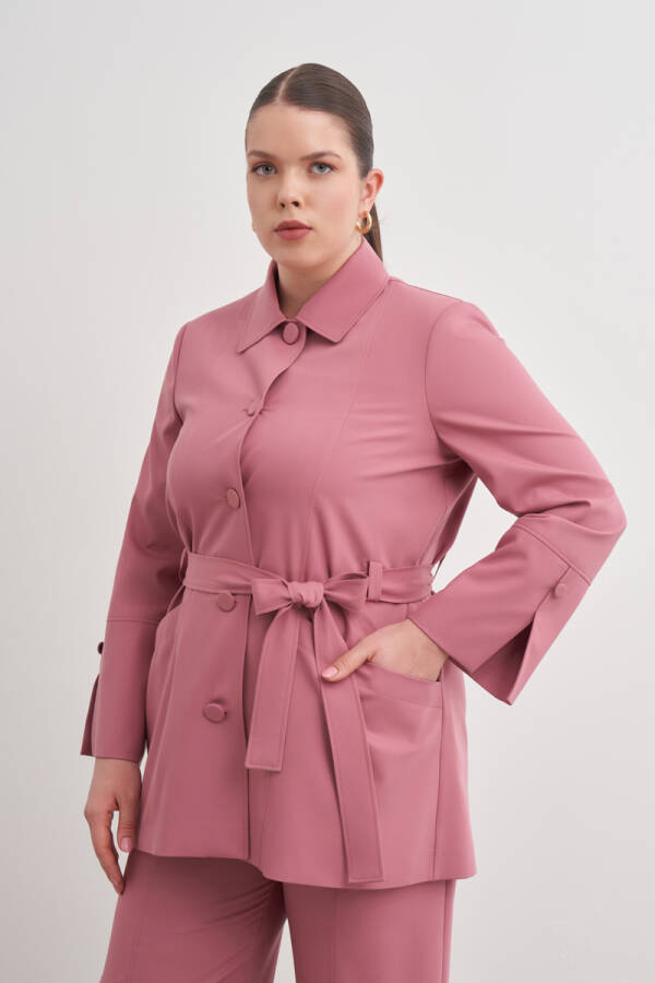 Gül Kurusu Kemerli Önden Düğmeli Dokuma Kap - 3