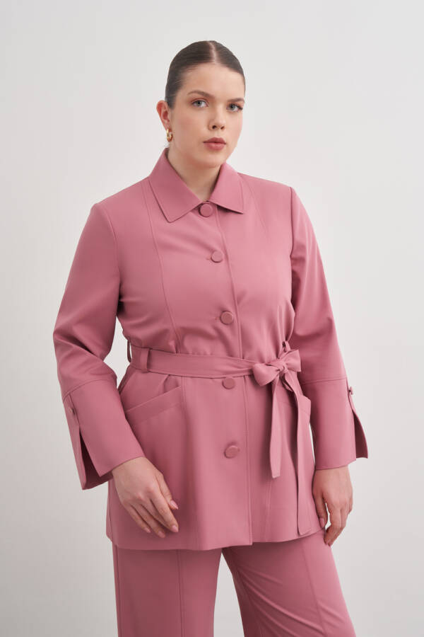 Gül Kurusu Kemerli Önden Düğmeli Dokuma Kap - 1