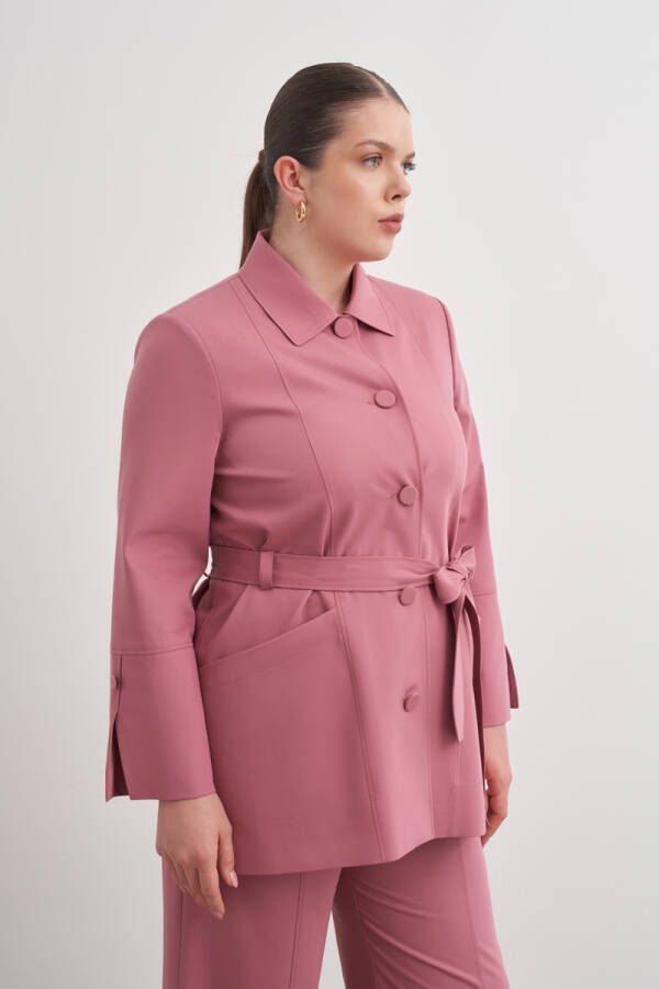 Gül Kurusu Kemerli Önden Düğmeli Dokuma Kap - 4