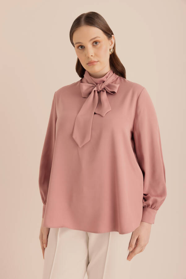 Gül Kurusu Yakası Bağlama Detaylı Klasik Bluz - 1