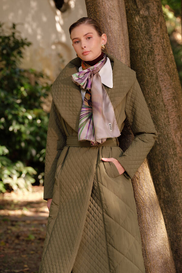 Haki 5756111 Belden Bağlamalı Uzun Kapitone Mont - Aker