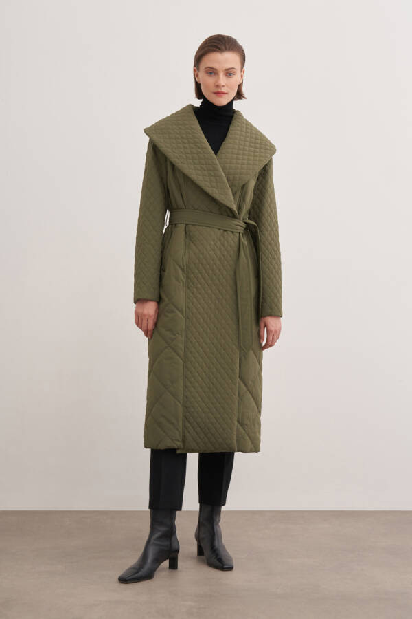 Haki 5756111 Belden Bağlamalı Uzun Kapitone Mont - Aker (1)