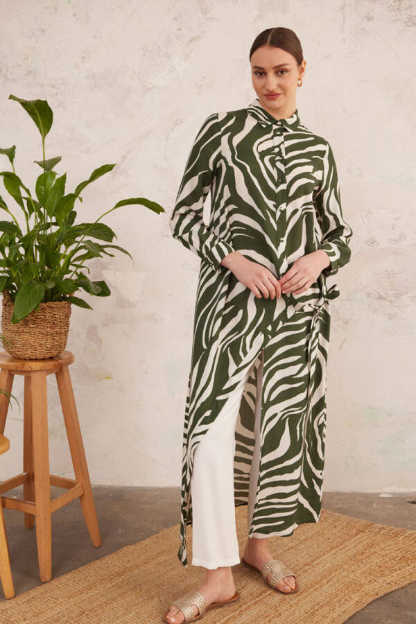 Haki Bağlama Detaylı Zebra Elbise - 1