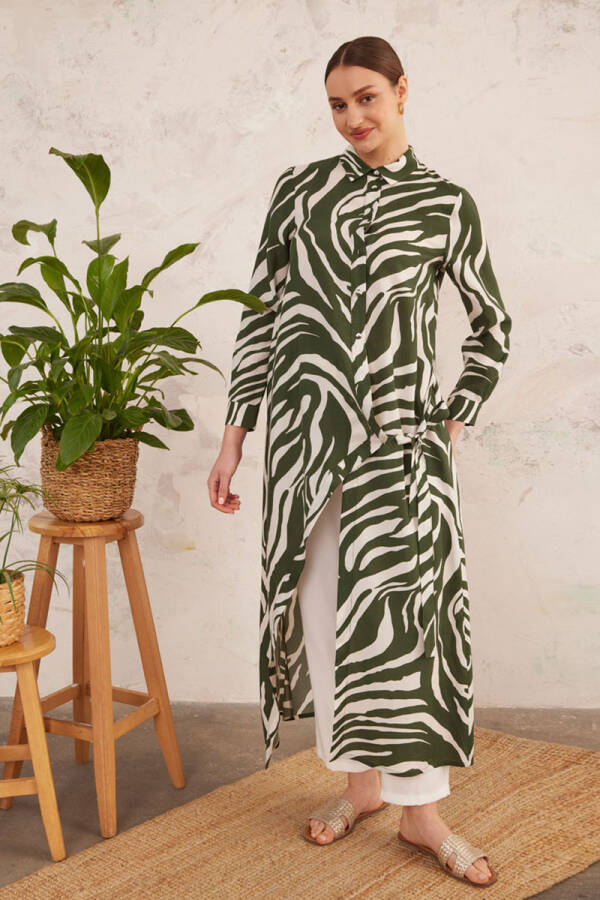 Haki Bağlama Detaylı Zebra Elbise - 3