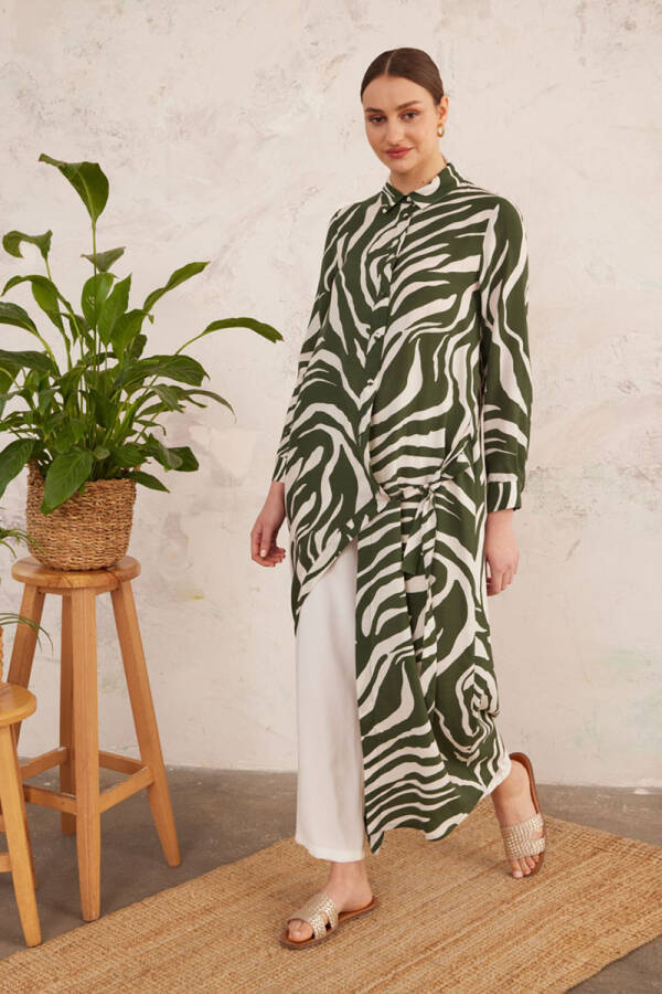 Haki Bağlama Detaylı Zebra Elbise - 4