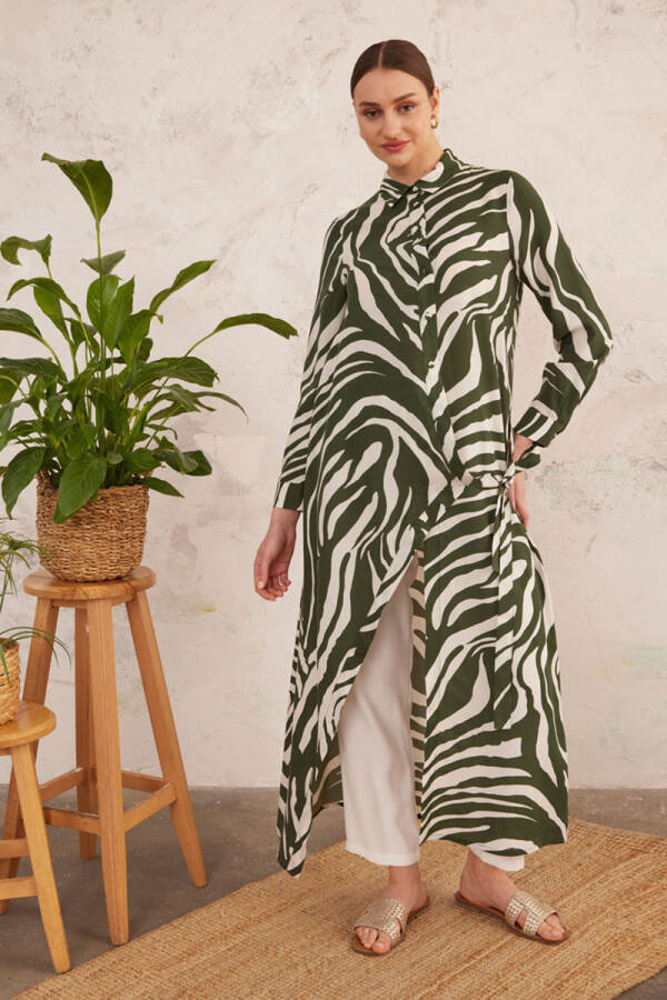 Haki Bağlama Detaylı Zebra Elbise - 2