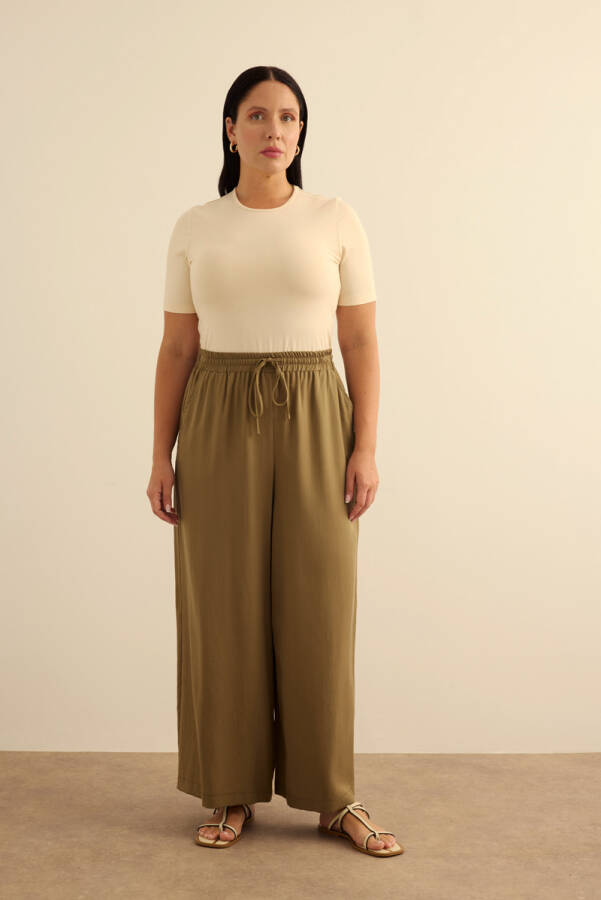 Haki Beli Lastik Detaylı Tencel Pantolon Etek - Aker (1)