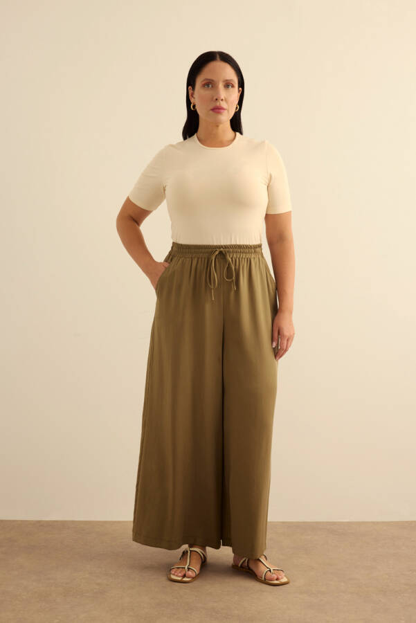 Haki Beli Lastik Detaylı Tencel Pantolon Etek - Aker