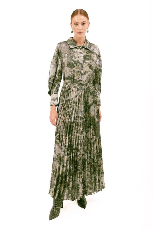 Haki Beli Lastikli Baskılı Pilise Etek - 1