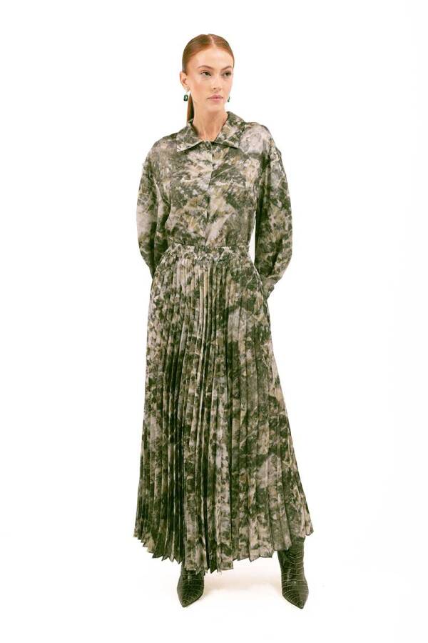 Haki Beli Lastikli Baskılı Pilise Etek - 2