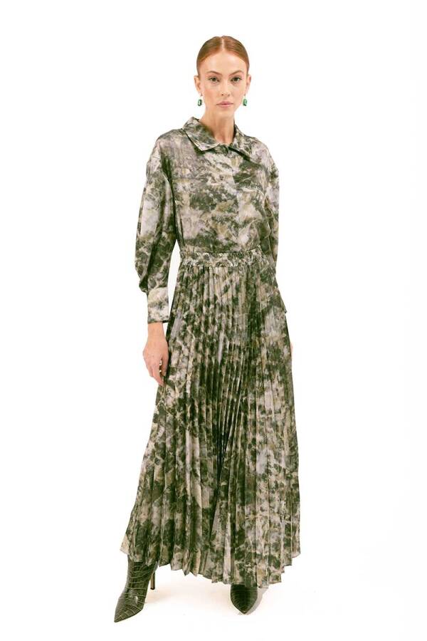 Haki Beli Lastikli Baskılı Pilise Etek - 3