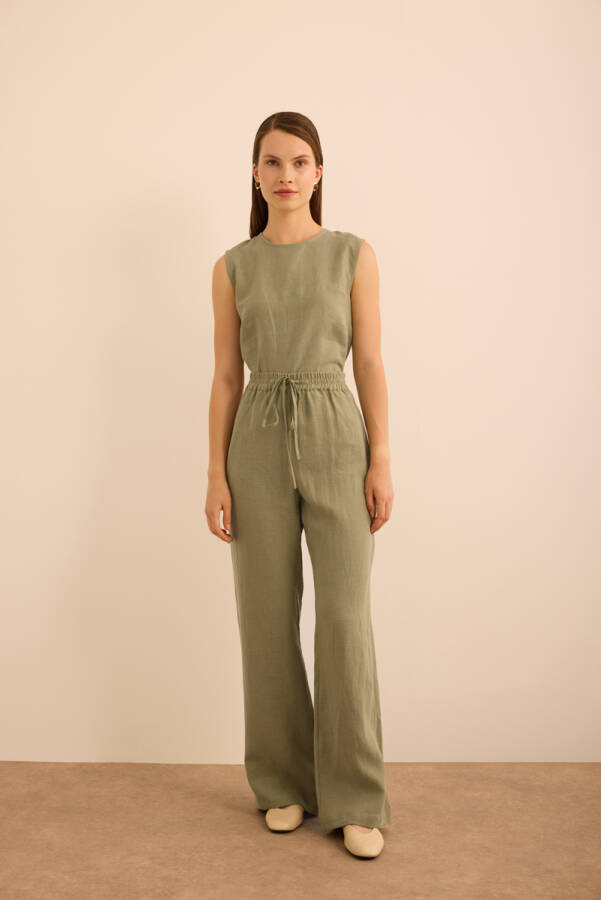 Haki Beli Lastikli Keten Pantolon - Aker