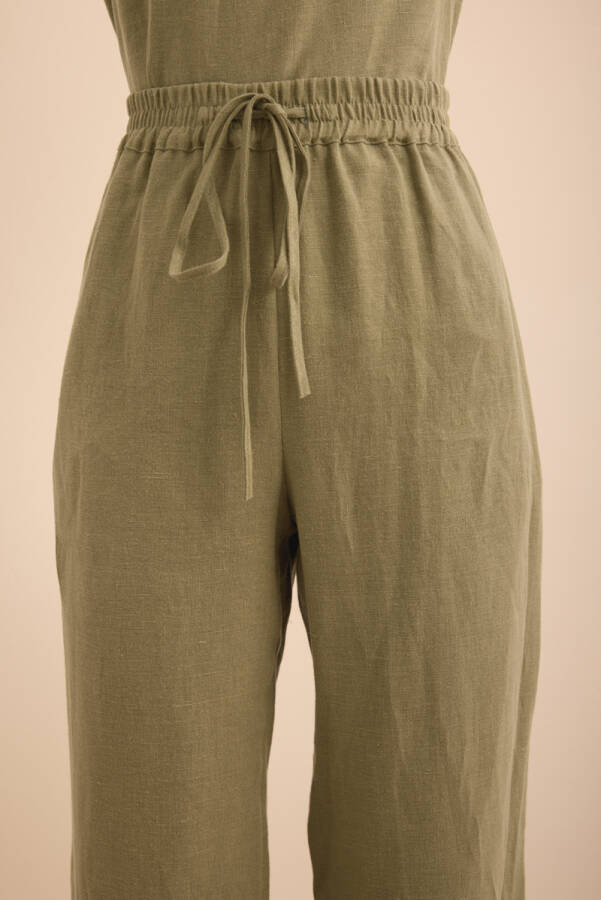 Haki Beli Lastikli Keten Pantolon - 5