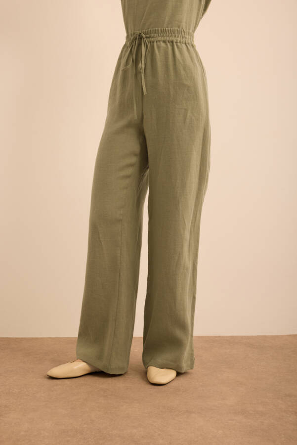 Haki Beli Lastikli Keten Pantolon - 3