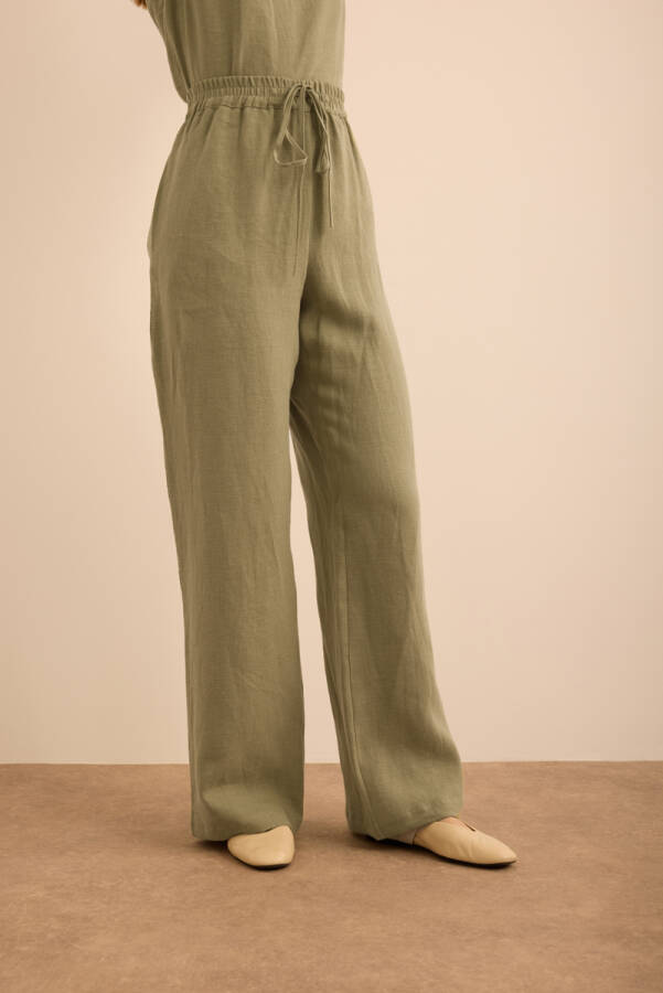 Haki Beli Lastikli Keten Pantolon - 4