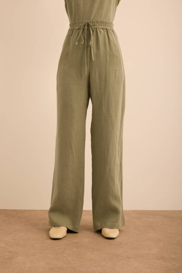 Haki Beli Lastikli Keten Pantolon - 2