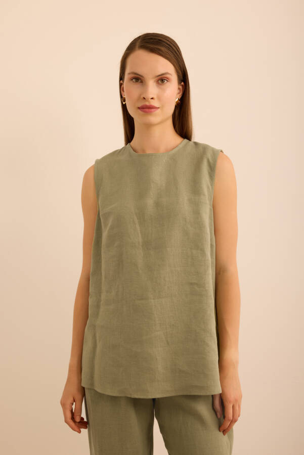 Haki Bisiklet Yaka Kolsuz Keten Bluz - Aker