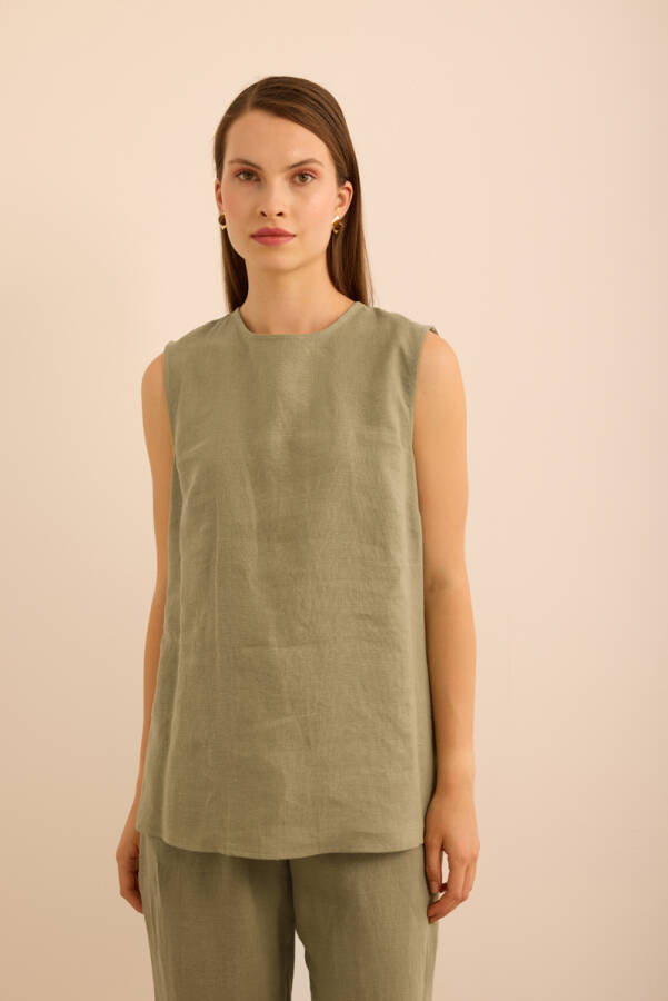 Haki Bisiklet Yaka Kolsuz Keten Bluz - Aker (1)