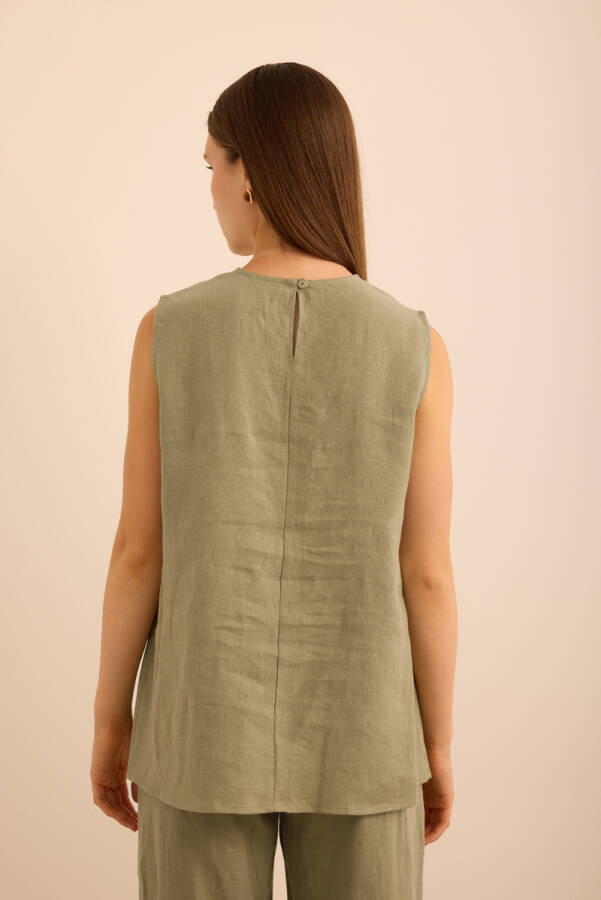 Haki Bisiklet Yaka Kolsuz Keten Bluz - 7