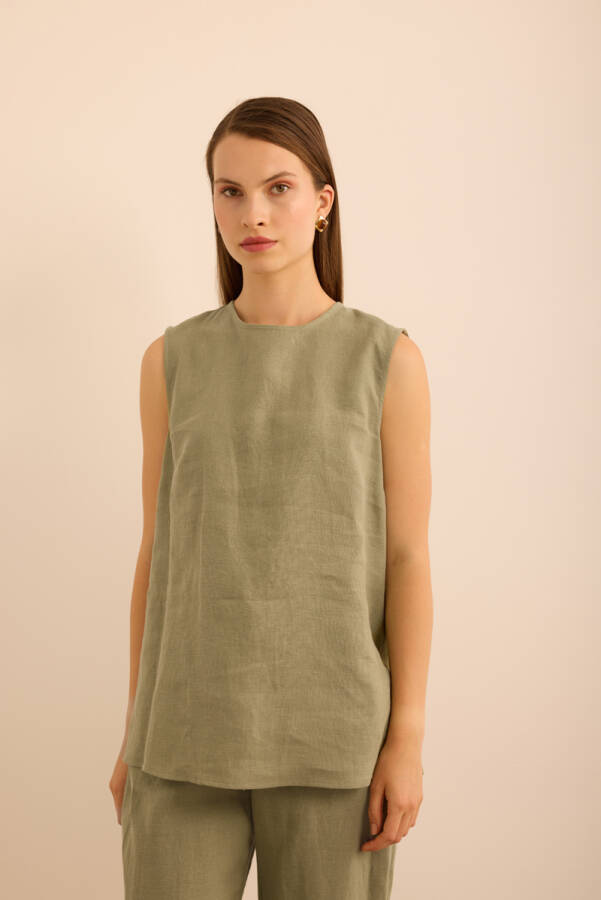 Haki Bisiklet Yaka Kolsuz Keten Bluz - 3