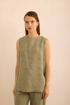 Haki Bisiklet Yaka Kolsuz Keten Bluz - 2