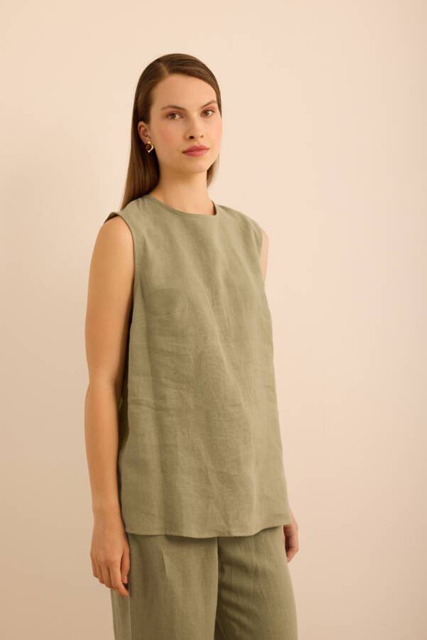 Haki Bisiklet Yaka Kolsuz Keten Bluz - 4