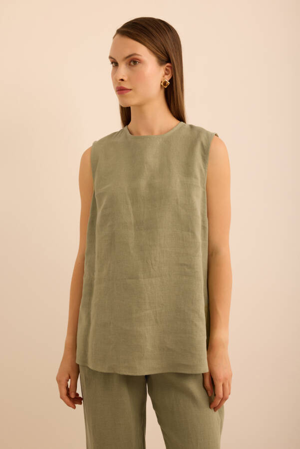 Haki Bisiklet Yaka Kolsuz Keten Bluz - 5