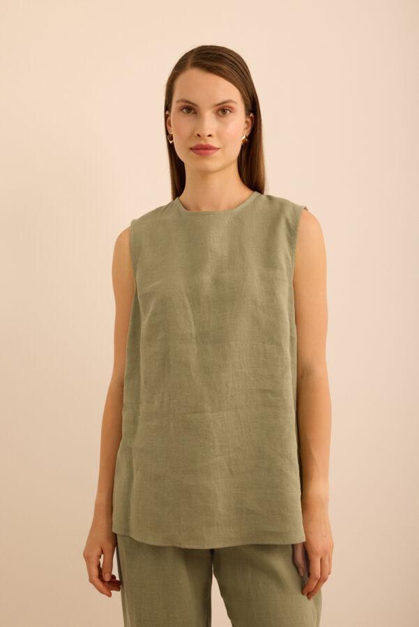 Haki Bisiklet Yaka Kolsuz Keten Bluz - Aker