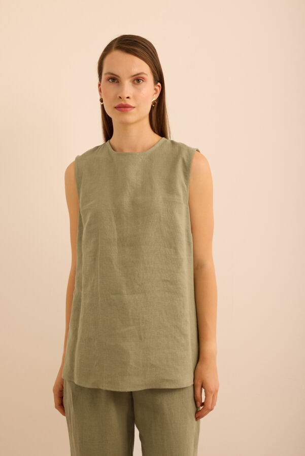 Haki Bisiklet Yaka Kolsuz Keten Bluz - Aker (1)