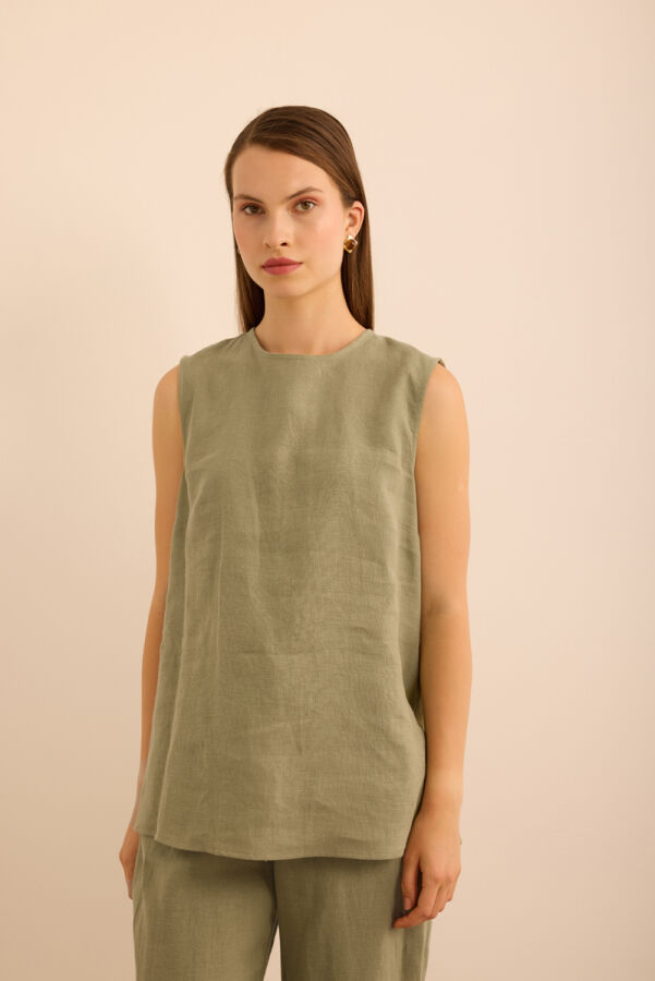 Haki Bisiklet Yaka Kolsuz Keten Bluz - 3