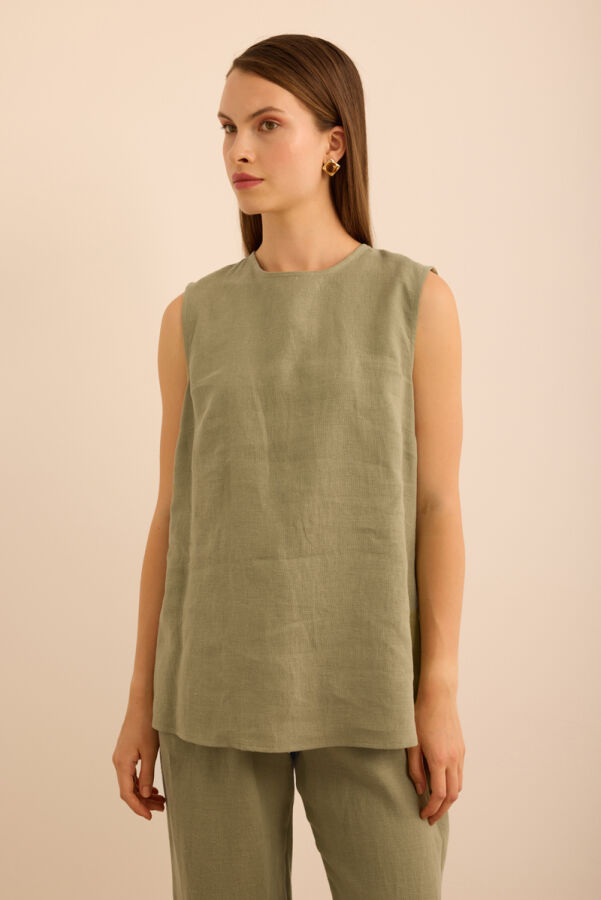 Haki Bisiklet Yaka Kolsuz Keten Bluz - 6