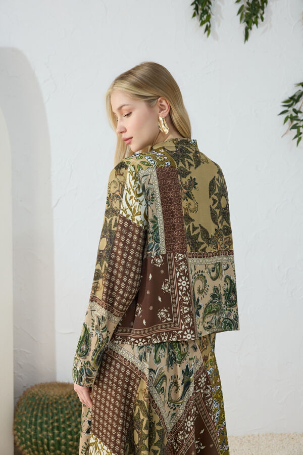 Haki Brit Detaylı Desenli Bluz - 6