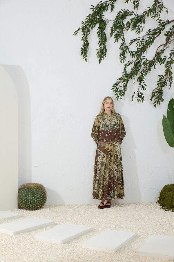 Haki Desenli Kloş Etek - Aker