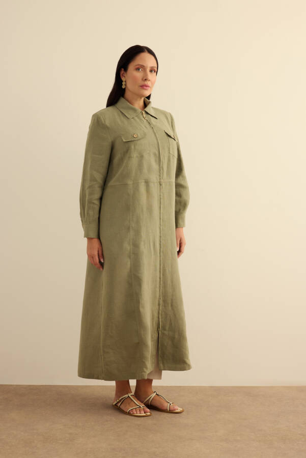 Haki Fermuarlı Keten Ferace - 3