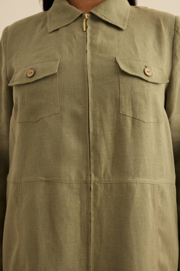 Haki Fermuarlı Keten Ferace - 6