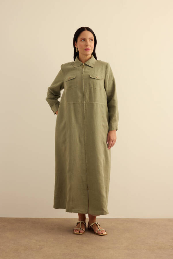 Haki Fermuarlı Keten Ferace - Aker (1)