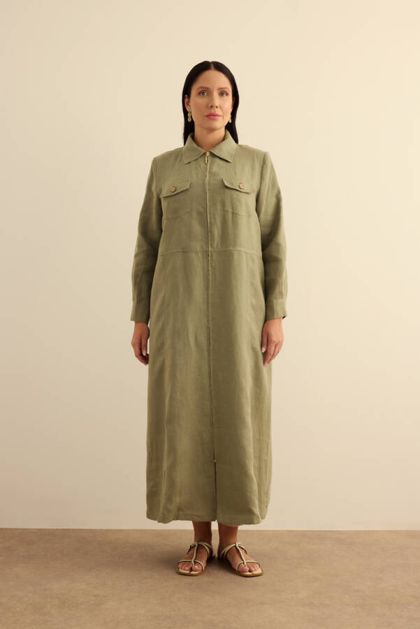 Haki Fermuarlı Keten Ferace - 4