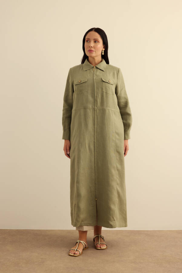 Haki Fermuarlı Keten Ferace - 5