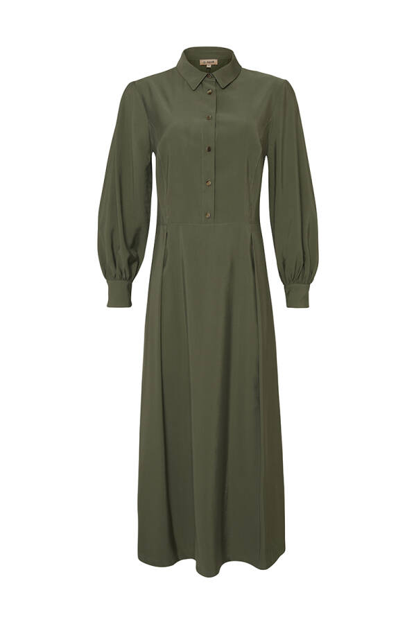 Haki Gömlek Yaka Belden Kesik Elbise - Aker