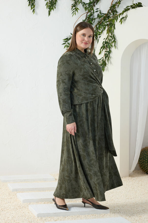 Haki Jakarlı Bağlama Detaylı Elbise - 2