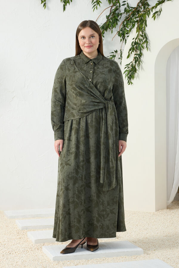 Haki Jakarlı Bağlama Detaylı Elbise - 3