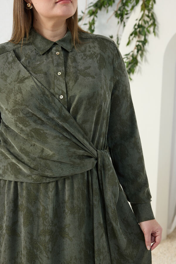 Haki Jakarlı Bağlama Detaylı Elbise - 5