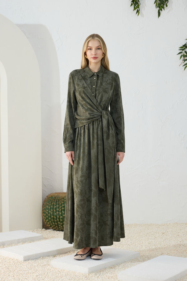 Haki Jakarlı Bağlama Detaylı Elbise - Aker (1)